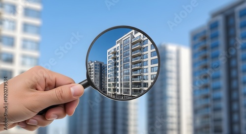 A hand holding a magnifying glass over a modern apartment building with blurred cityscape in the background under a clear blue sky.