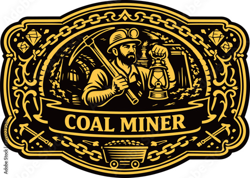 Coal Miner Belt Buckle Vintage Badge Vector Design