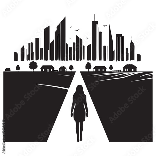 Woman standing at crossroads between rural and urban life