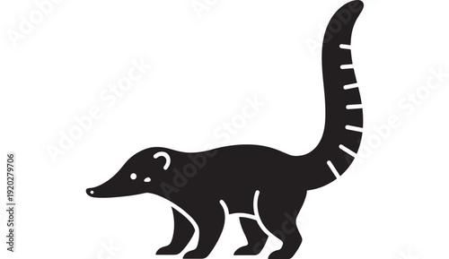 Mongoose icon silhouette with long tail and stripes on white background simple featuring animal, mammal, wildlife with carnivore and fauna elements for graphic, illustration projects, clean