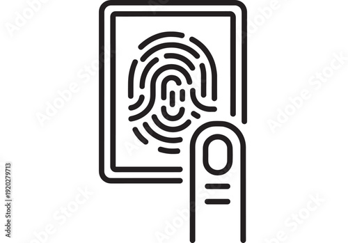 Fingerprint scanner icon with finger touching biometric sensor, secure authentication line symbol for mobile login, identity verification, access control and cybersecurity UI