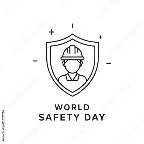 Line drawing of a construction worker in a shield with World Safety Day text on a white background.