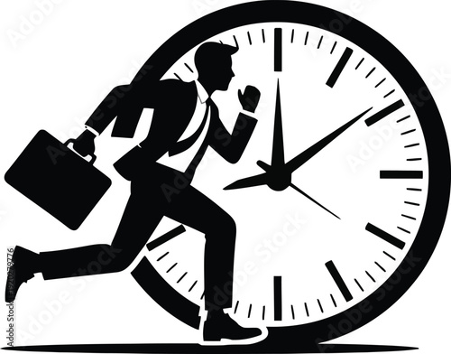 Silhouette of a businessman running against a large clock face, symbolizing urgency, deadline, time management, and being late for work or appointment.