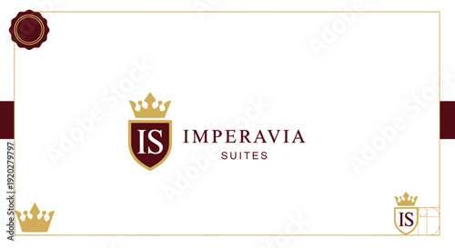 Imperavia Suites luxury hotel brand logo designs with elegant crown and IS initials on isolated white background