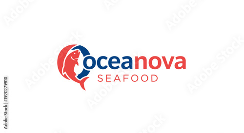 Oceanova Seafood Creative Fish Icon Logo with Red and Blue Colors on Isolated White Background