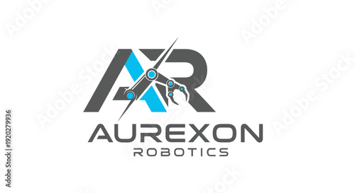 Aurexon Robotics company logo design with futuristic robotic arm and initial monogram, isolated white background.