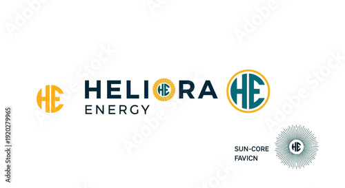 Heliora Energy company logo design with stylized sun and initial monogram, isolated white background.
