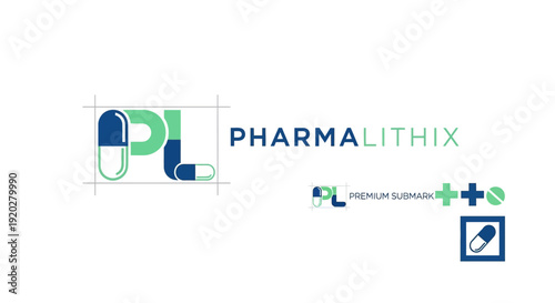 Pharmalithix pharmaceutical company logo design with capsule icon and premium submark, isolated white background.