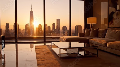 Luxury Penthouse Interior with Golden Sunset and City Skyline View