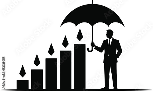 Silhouette of businessman holding umbrella over increasing bar chart with raindrops symbolizing financial protection and growth strategy.