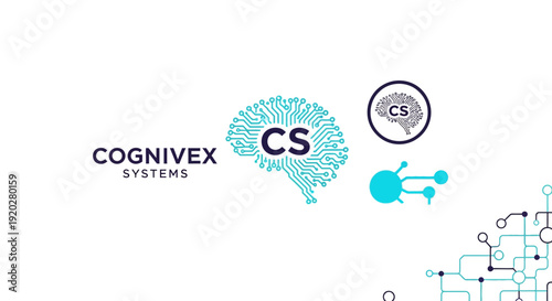 Blue and grey 'CS' monogram intertwined with a brain icon and circuit board patterns, representing cognitive systems and artificial intelligence technology, isolated white background.