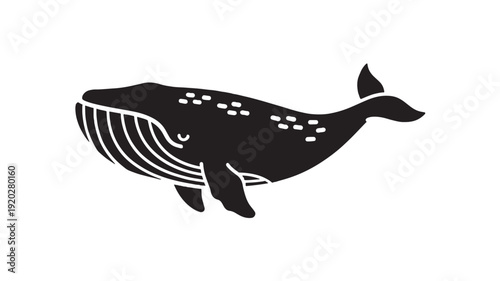 Whale silhouette icon with humpback body shape, flippers and tail fin, minimal black vector style isolated on white background for marine wildlife logo and ocean design