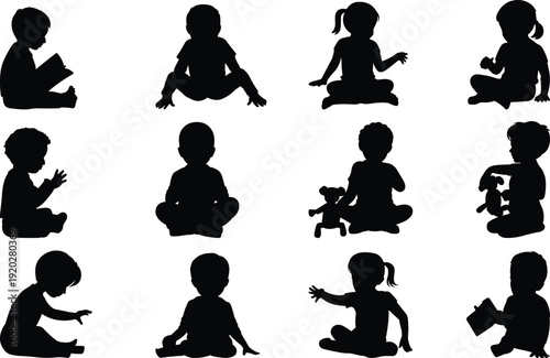 Children And Toddlers Silhouette Set Featuring Boys And Girls Playing Reading Books With Teddy Bears For Early Childhood Education Parenting Childcare And