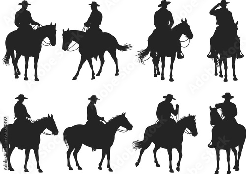 Cowboy Riding Horse Silhouette Set Featuring Western Riders On Stallions For Wild West Adventure Ranch Life Rodeo Branding Equine Sports And Country