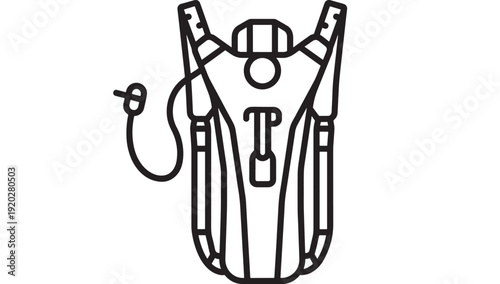 Backpack hydration pack line icon with drinking tube and straps, minimalist black outline symbol for hiking, camping, trekking, outdoor gear, and travel equipment