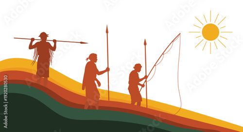 abstract retro folk style Illustration | Fishing Silhouette Landscape Vector Scene