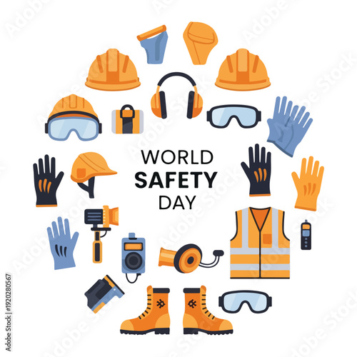 Flat lay of various construction safety equipment and accessories arranged in a circle around 'World Safety Day' text on a white background.