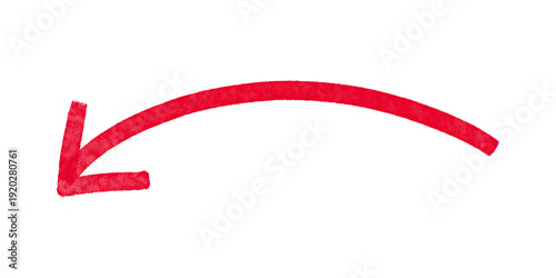 Photos Hand-drawn red curved arrow pointing left with marker texture and bold shape for emphasis, annotation, navigation, or graphic design elements in presentations and web layouts