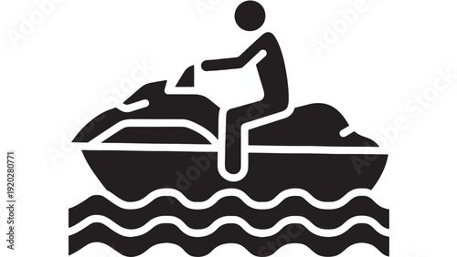 Jet ski rider icon with personal watercraft silhouette on ocean waves, black and white pictogram for watersports, beach vacation signage, app UI, safety label