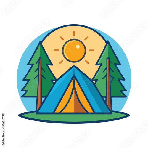 Camping adventure emblem with tent and sunrise in forest nature scene
