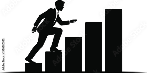 Silhouette of a businessman climbing a bar chart representing career growth, success, and progress isolated on white background.