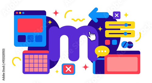 A collection of colorful graphic elements and icons surrounding a large purple letter M on a clean background from a straightforward viewpoint.