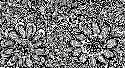 Detailed black and white illustration of sunflowers in full bloom, showcasing intricate patterns and textures from a close-up viewpoint.