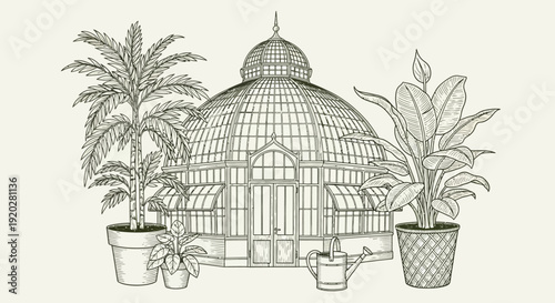 A serene greenhouse surrounded by lush potted plants and a watering can, viewed from the front.