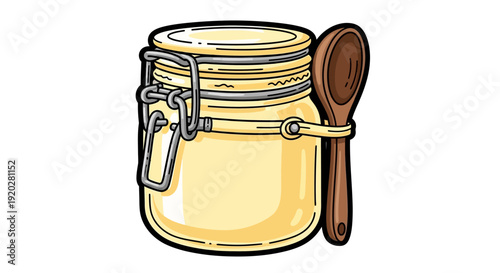 Illustration of a jar with a clamp and spoon beside it, viewed from the front