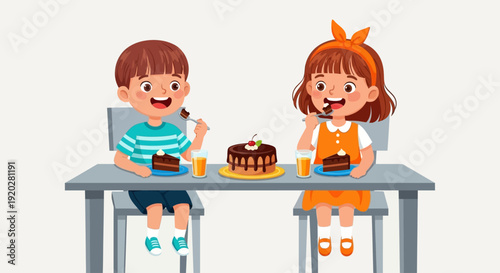 Two children enjoying cake and drinks together at a gray table in a simple setting