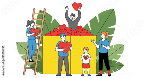 Group of people working together to collect and distribute hearts from a large yellow box surrounded by leaves