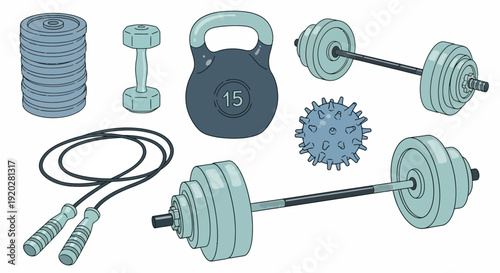 A collection of fitness equipment including dumbbells, kettlebells, jump rope, and weights arranged on a plain background from a top view