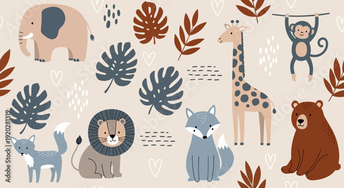 Wild animals and leaves in a whimsical illustration featuring a lion, giraffe, monkey, elephant, and bear in a playful setting
