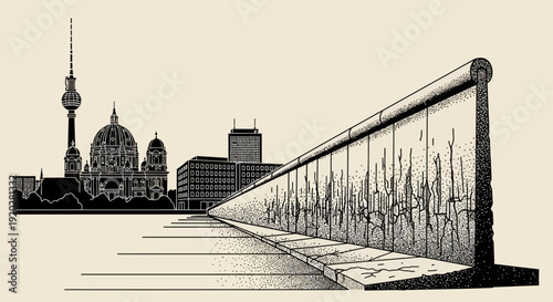 Illustration of Berlin Wall Memorial with cityscape and historic architecture in the background viewed from a low angle