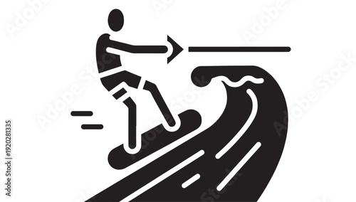 Surfer icon riding ocean wave with directional arrow, black and white glyph pictogram for surfing sport, adventure travel, sea recreation, minimal flat design