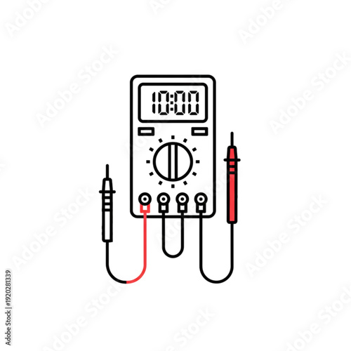 Detailed vector image of a digital multimeter testing device with probes for measuring electrical voltage current and resistance in electronic repair tasks