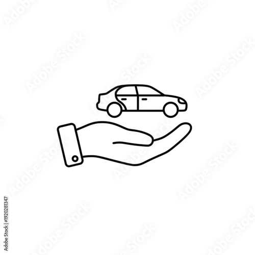 Conceptual vector image of a human hand holding a car silhouette representing vehicle ownership car care services and automotive protection insurance support