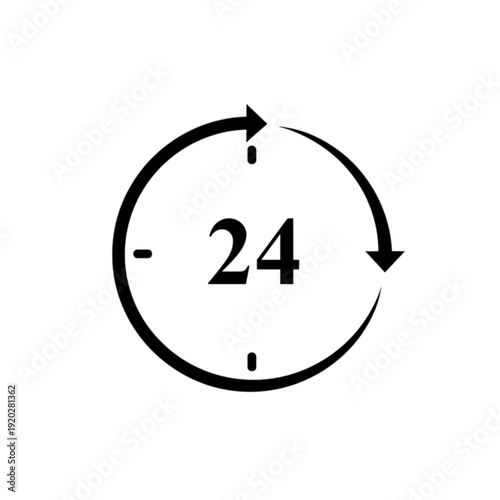 Minimalist vector image featuring a circular arrow surrounding the number twenty-four to represent around the clock service and constant availability for customers.