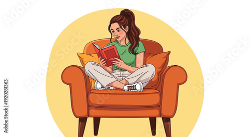 Woman sitting comfortably on an armchair reading a book in a relaxed environment from a front viewpoint