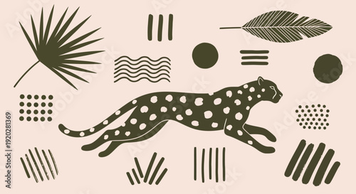 Wild cat running amidst tropical leaves and abstract shapes in a minimalist illustration
