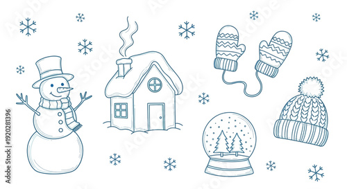 A winter scene featuring a snowman, house, mittens, hat, and snowglobe in a cold environment viewed from the front