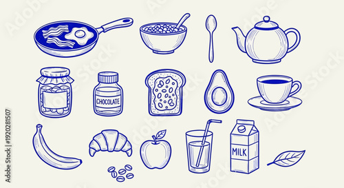 Assorted breakfast foods and beverages illustration on a light background from a top view