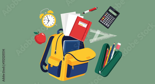 Backpack filled with school supplies floating in mid-air with various educational items surrounding it