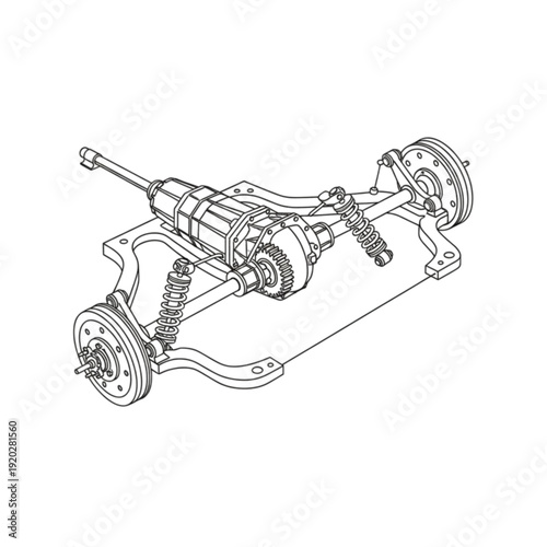 Detailed Technical Line Art Diagram Vector Image of a Vehicle Chassis Assembly Including Transmission Differential Suspension Springs and Braking Components for Engineering