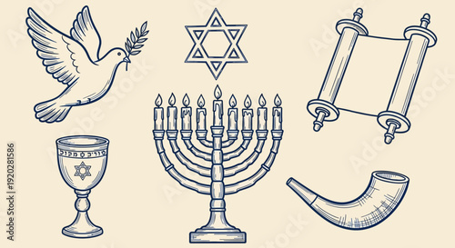 Illustration of Jewish symbols including menorah, dove, and Torah scroll arranged harmoniously from a frontal viewpoint