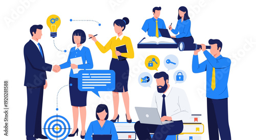 Diverse professionals collaborating and communicating effectively in a modern office environment from a high viewpoint