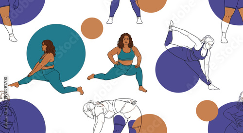 Women practicing yoga poses in various positions on a clean background from different viewpoints