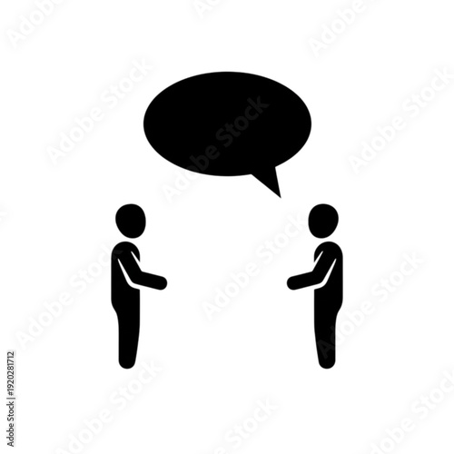 Stick figure person listening to another person speaking vector image with large black speech bubble indicating verbal communication, social dialogue, and message delivery.