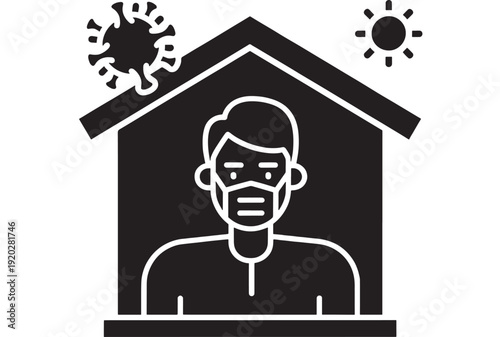 Person wearing face mask icon in house outline with virus and sun symbols, quarantine and self isolation concept, black and white flat pictogram on white