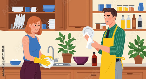 Couple doing household chores together in a modern kitchen, washing dishes and cleaning with teamwork and cooperation